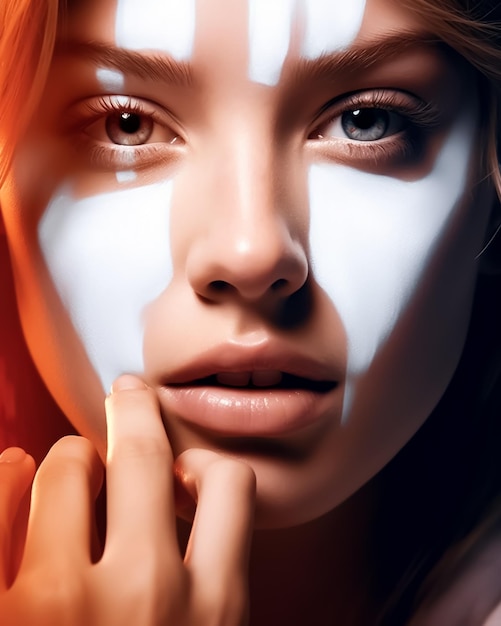 Jolie femme modèle visage en pleine peau peinte maquillage créatif