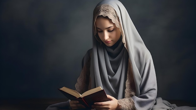 Jolie femme musulmane asiatique en hijab lisant le livre du Coran