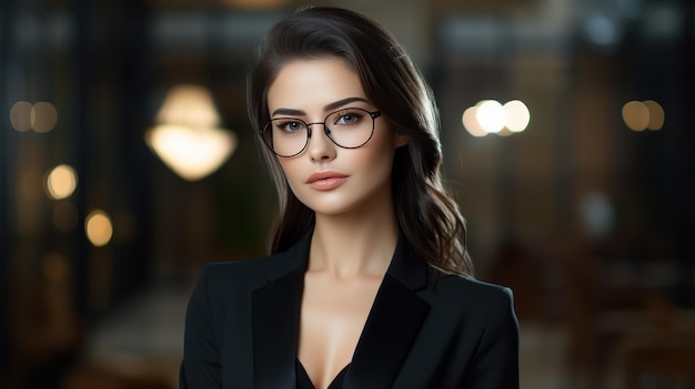 une jolie femme en noir avec des lunettes et un costume noir