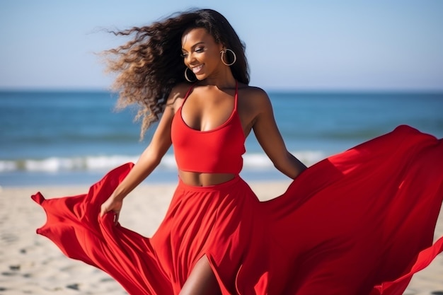 Jolie femme noire américaine en robe rouge dansant sur la plage