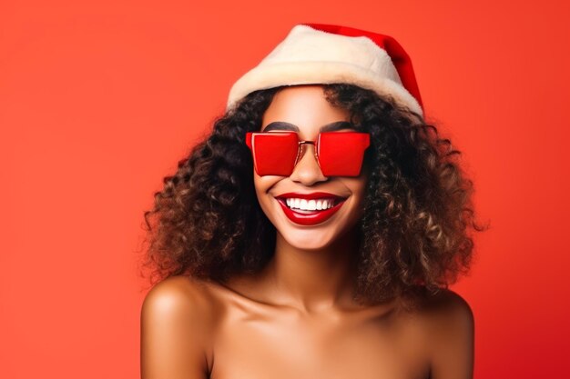 Jolie femme noire hipster tendance est prête pour les chapeaux de Noël de fête de Noël