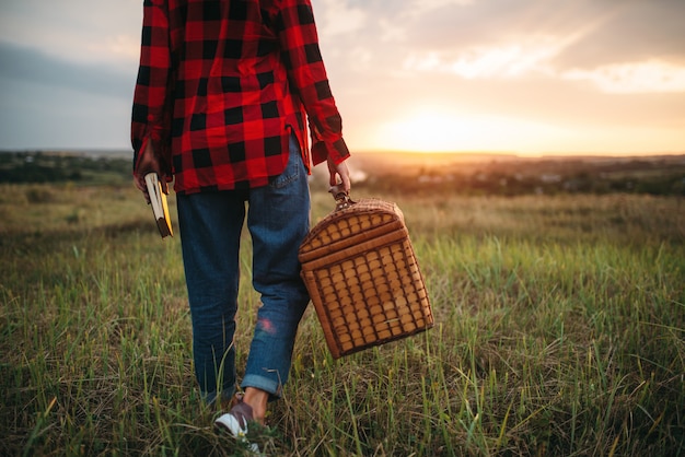 Jolie femme avec panier, pique-nique dans le champ d'été