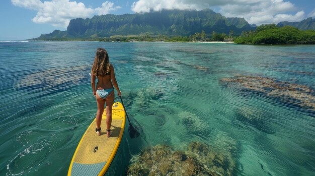 Une jolie femme avec une planche de surf entre dans l'eau.