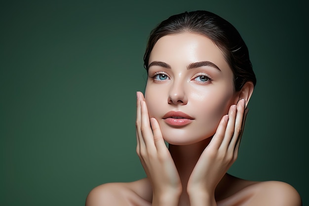 une jolie femme pour un modèle de produit de lavage du visage avec la main sur son visage