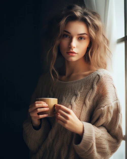 Photo une jolie femme en pull tenant une tasse de café près de la fenêtre.