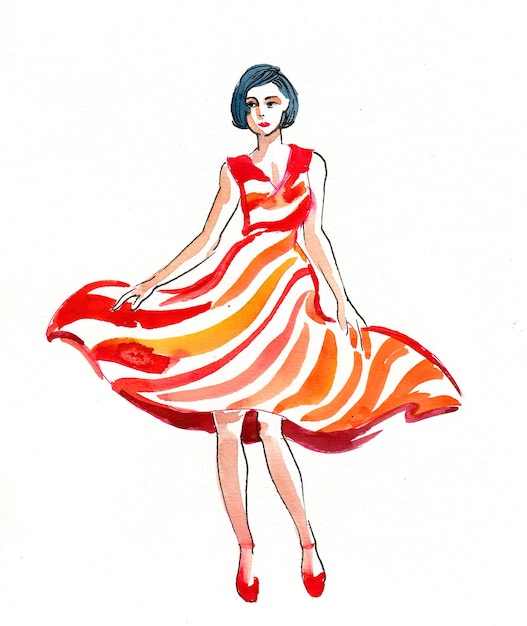 Jolie femme en robe colorée. Dessin à l'encre et à l'aquarelle