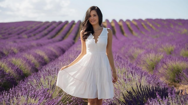 Une jolie femme en robe dans un champ de lavande