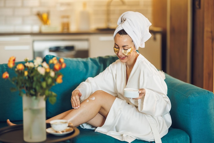 Photo une jolie femme avec des soins de la peau sous les yeux et appliquant une crème hydratante sur ses jambes tout en profitant du matin chez elle.