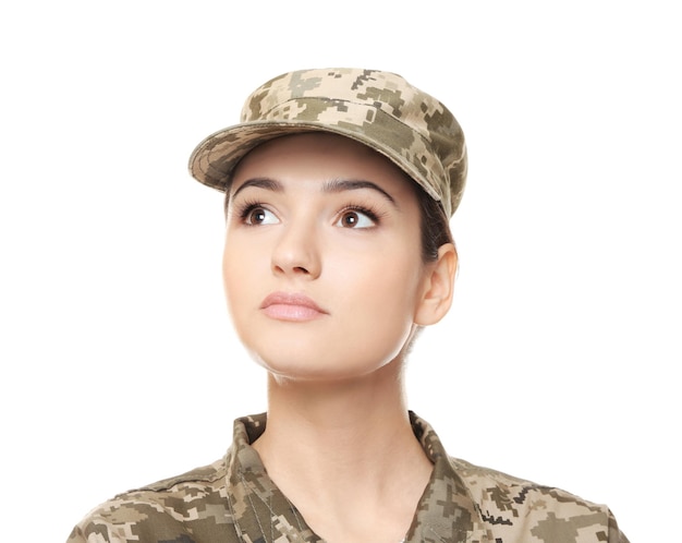 Jolie Femme Soldat Sur Fond Blanc