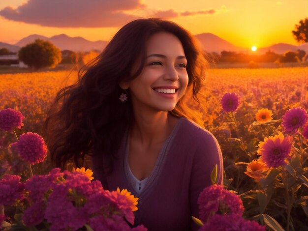 une jolie femme souriante dans le champ avec un coucher de soleil