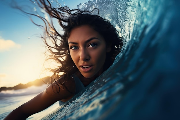 Une jolie femme surfeuse chevauchant sans effort une vague avec un coucher de soleil vibrant