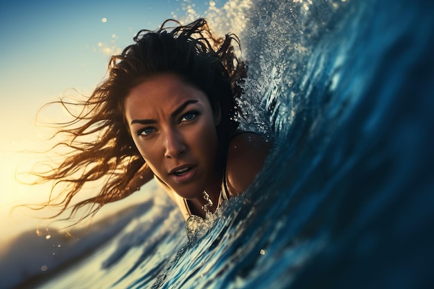 Une jolie femme surfeuse chevauchant sans effort une vague avec un coucher de soleil vibrant