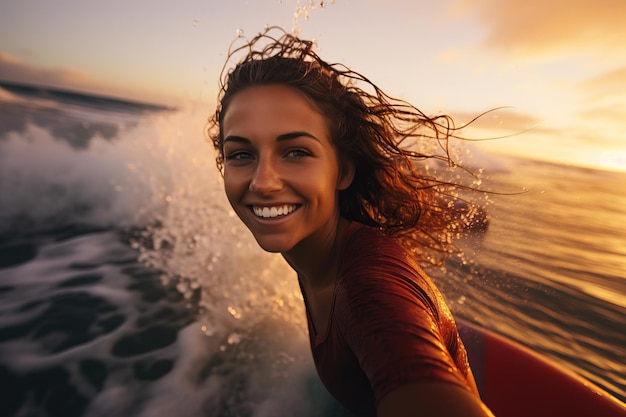 Une jolie femme surfeuse chevauchant sans effort une vague avec un coucher de soleil vibrant