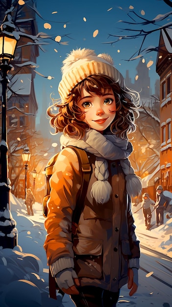 Une jolie fille adorable entourée de flocons de neige sur une nuit magique de Noël