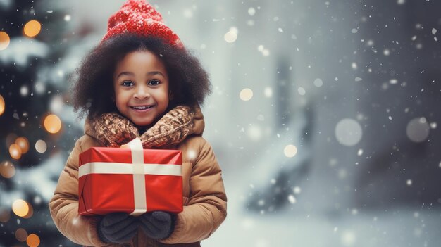 Une jolie fille afro-américaine souriante en veste rouge et chapeau tenant des cadeaux de Noël pendant que Stan