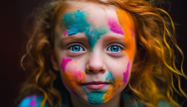 Une jolie fille d'âge préscolaire aime la peinture de visage en désordre dans des couleurs vives générées par l'intelligence artificielle