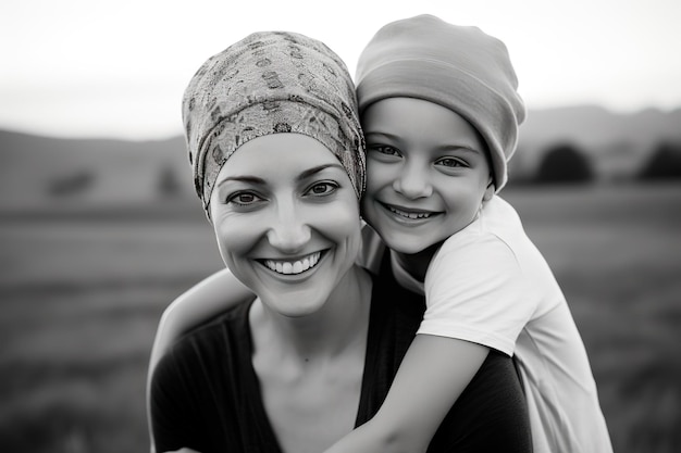 Jolie fille d'âge préscolaire avec sa mère, une jeune patiente atteinte d'un cancer