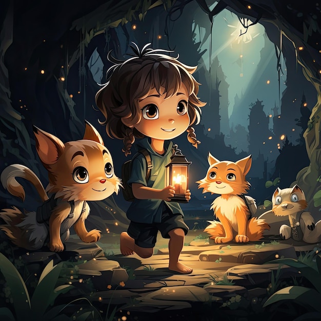 Une jolie fille avec des animaux autour de lui dans une grotte