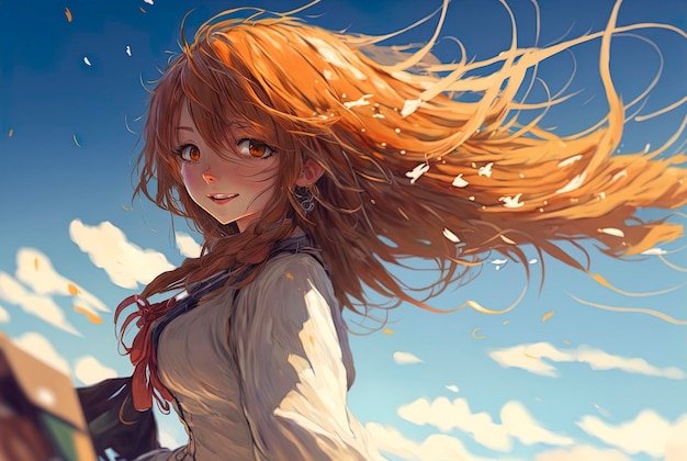 Jolie fille anime aux cheveux longs appréciant la brise belle fille anime aux cheveux rouges anime illustration générative ai