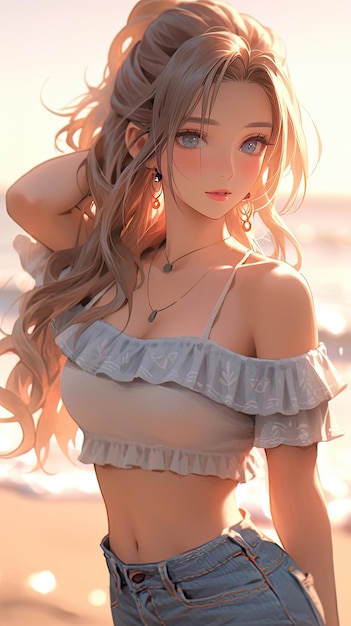 Une jolie fille d'anime sur la plage