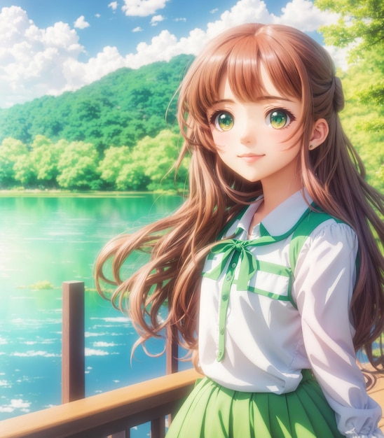 jolie fille anime posant à côté d'un magnifique lac