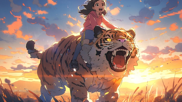 Photo une jolie fille d'anime qui chevauche un grand tigre