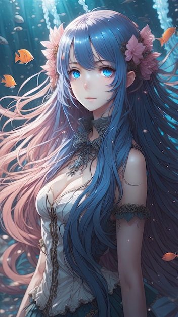 Une jolie fille d'anime sexy aux yeux bleus et aux cheveux bleus