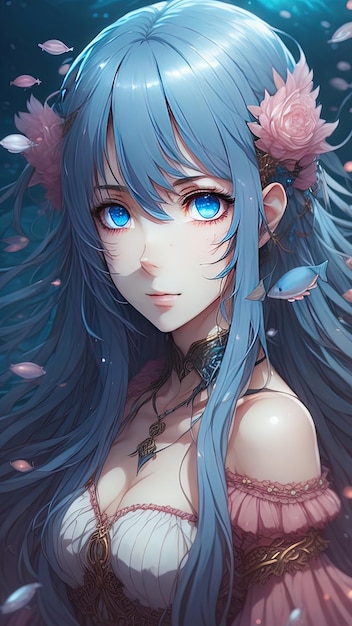 Une jolie fille d'anime sexy aux yeux bleus et aux cheveux bleus