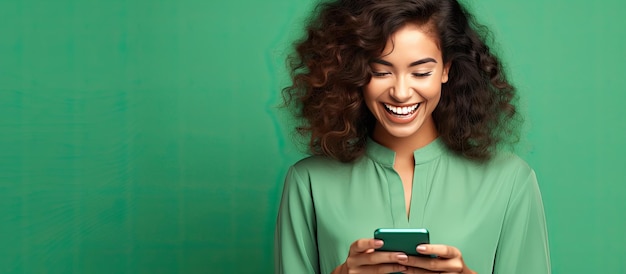 Jolie fille avec un appareil qui se ronge les ongles sur fond vert