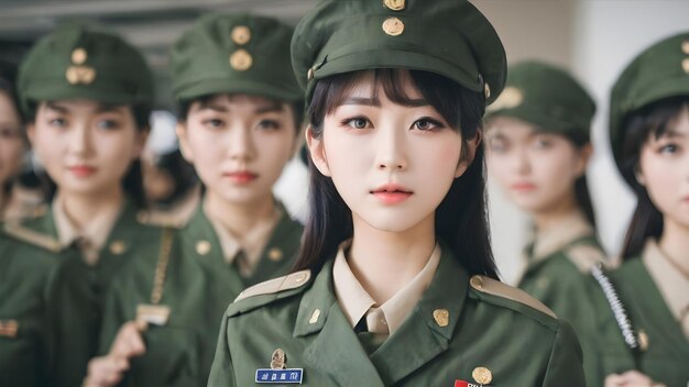 Une jolie fille asiatique en costume militaire en arrière-plan