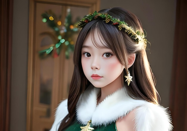 Jolie fille asiatique en costume de Noël ton vintage