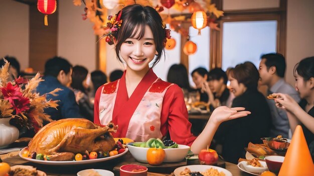 Une jolie fille asiatique dans le contexte de la fête de Thanksgiving