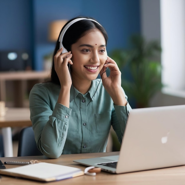 Une jolie fille asiatique indienne ou bpo ou employée d'un centre d'appels parlant au casque avec un ordinateur portable sur la table