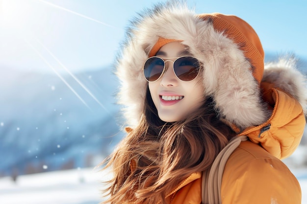 Une jolie fille asiatique en vacances dans une station balnéaire en hiver.