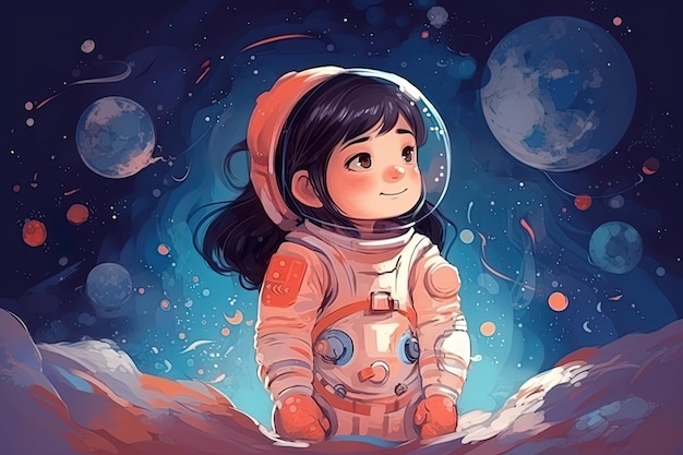 Jolie fille astronaute asiatique dans un style de dessin animé Généré ai