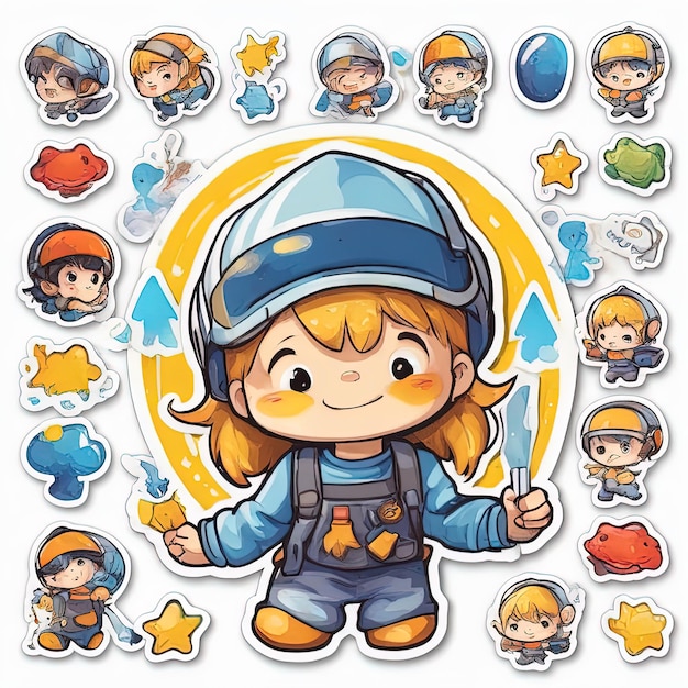 jolie fille en autocollant de dessin animéfille et garçon de dessin animé mignon avec un casque et différentes formes vecteur malade