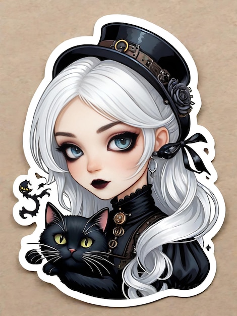 Photo une jolie fille aux cheveux blancs joue avec un chat noir un autocollant gothic steampunk d'halloween
