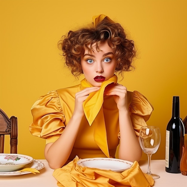 jolie fille aux cheveux bouclés sur la table du dîner