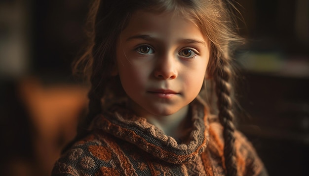 Jolie fille aux cheveux bruns souriant à l'intérieur générée par l'IA