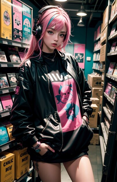 Photo une jolie fille aux cheveux colorés, avec des vêtements en cuir noir et des écouteurs, dans un magasin de jeux.