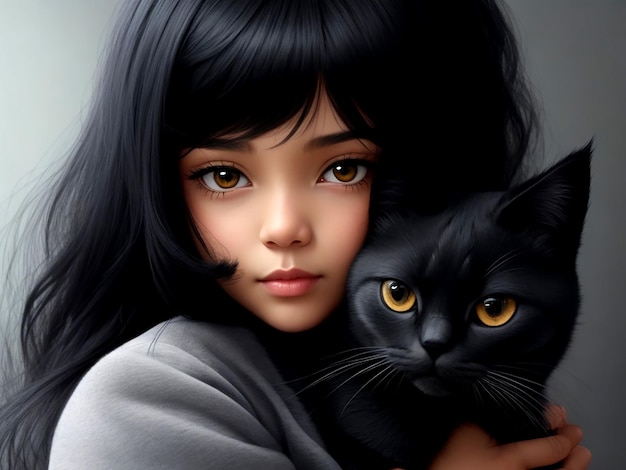 une jolie fille aux cheveux noirs avec son chat gris