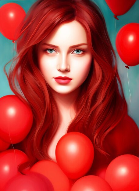 Jolie fille aux cheveux rouges entourée de ballons rouges. photographie d'atelier. prendre des photos le jour de la saint valentin