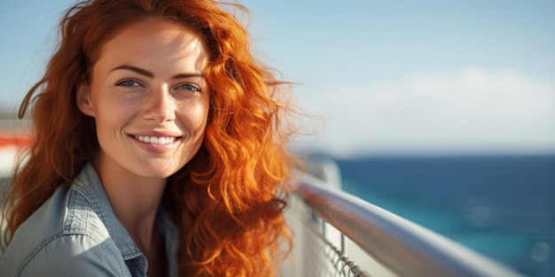 Une jolie fille aux cheveux roux avec un beau sourire pose près de la côte sur le quai portrait en gros plan AI générative