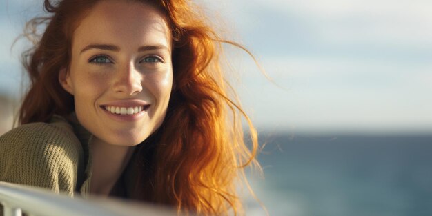 Une jolie fille aux cheveux roux avec un beau sourire pose près de la côte sur le quai portrait en gros plan AI générative