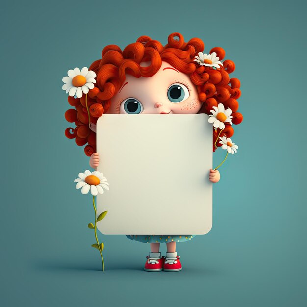 Photo une jolie fille aux cheveux roux avec des fleurs tenant un panneau blanc