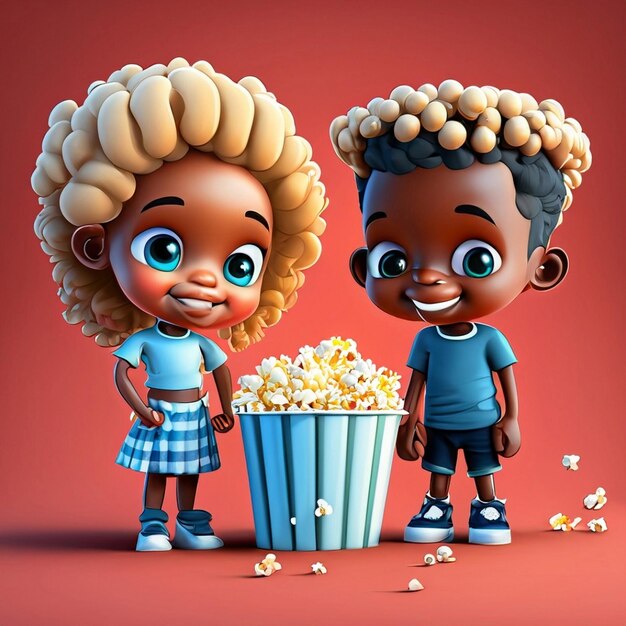 Photo une jolie fille blonde et un garçon debout à côté d'un bol de pop-corn sur fond bleu