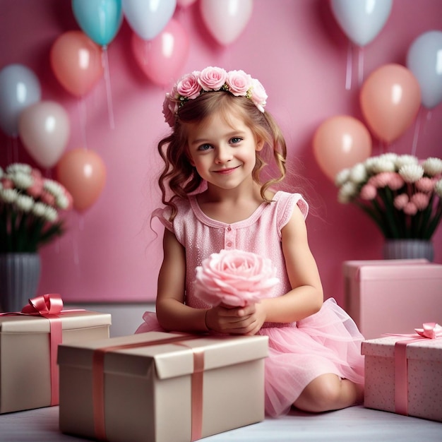 Photo une jolie fille avec une boîte à cadeaux dans une robe rose clair