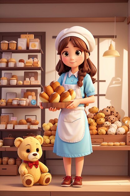 Une jolie fille boulanger et un ours en peluche avec un élément de boutique de pain illustration de dessin animé dessinée à la main