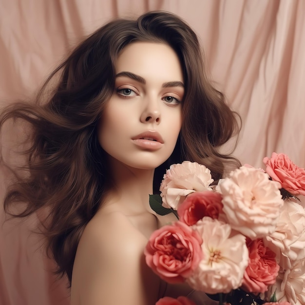 Jolie fille brune avec un grand beau bouquet de fleurs Belle fille blanche avec des fleurs