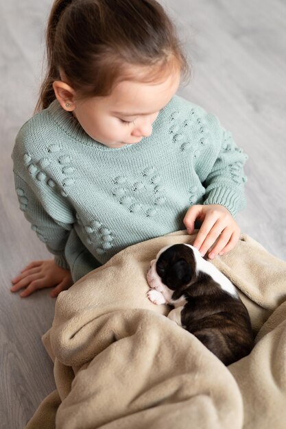 Une jolie fille caresse un chiot Boston Terrier nouveau-né sur ses genoux Mode de vie Un enfant et un chien Photo de haute qualité